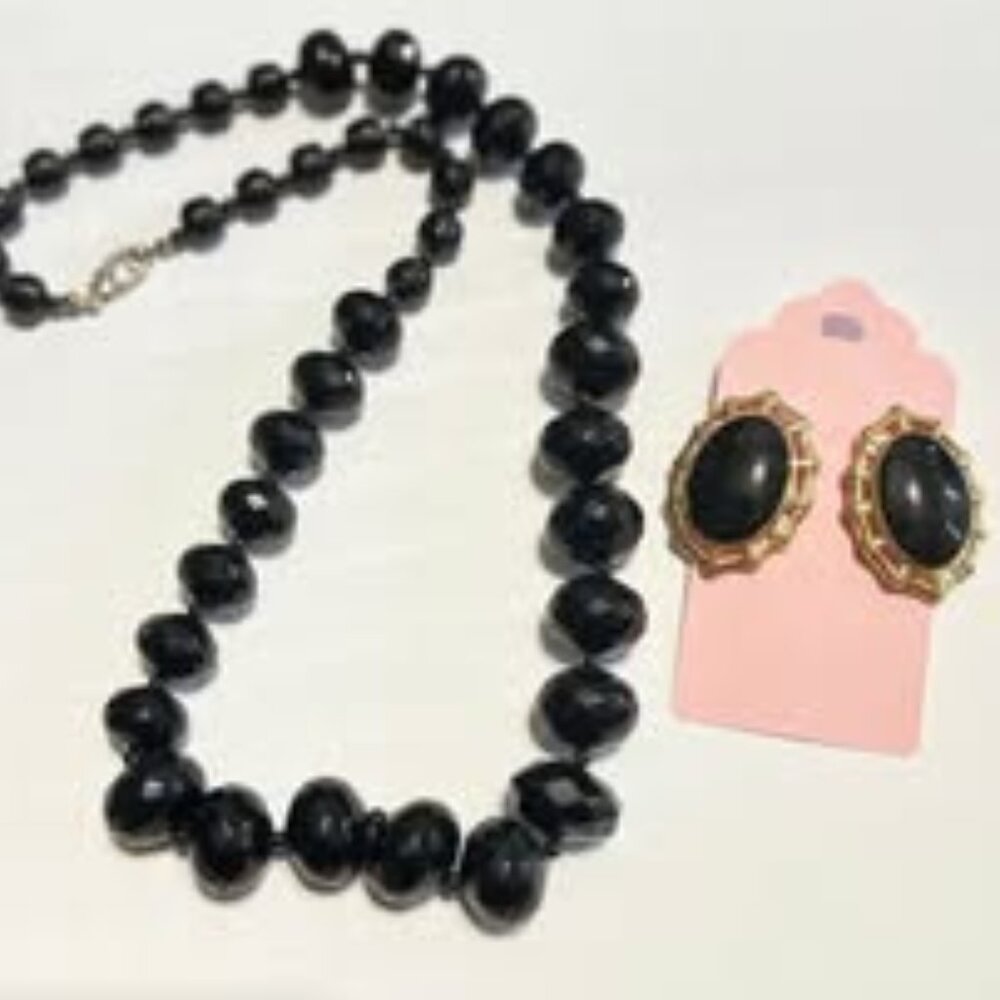 Vintage Black Faceted Bead Necklace & Gold-Tone Earrings Set